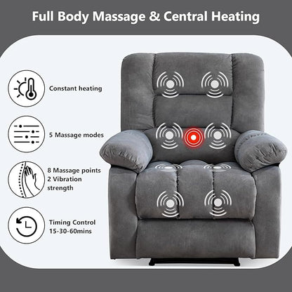 ANJHOME Massage Recliner Chairs with Heat and Vibration,Overstuffed Manual Rocking Reclining Chair for Living Room Bedroom (Light Grey)