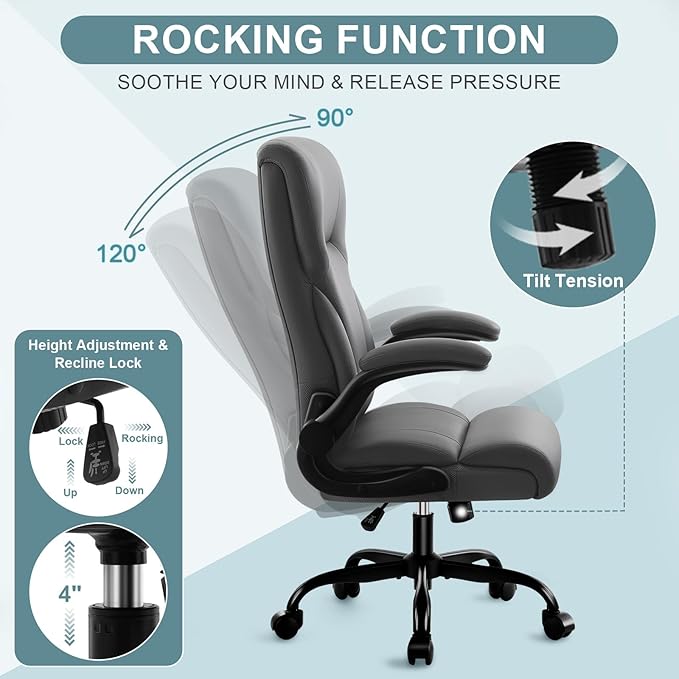Executive Office Chair, High Back Ergonomic Comfy Desk Chair with Padded Flip-up Armrests and Wheels, PU Leather Heavy Duty Computer Swivel Rolling Task Chair for Home Office, Adults, Gray