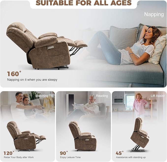 HUSFU Oversized Power Lift Recliner Chairs for Elderly with Massage and Heat, Extra Wide Recliners,Breathable Leather Lift Chairs w/Cup Holders, USB & Type-C Ports, Brown,2PCS