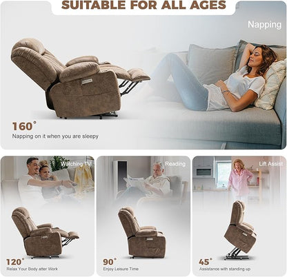 HUSFU Oversized Power Lift Recliner Chairs for Elderly with Massage and Heat, Extra Wide Recliners,Breathable Leather Lift Chairs w/Cup Holders, USB & Type-C Ports, Brown,2PCS