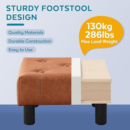 Small Foot Stool Ottoman, Faux Leather Footstool Ottoman Foot Rest for Couch, Rectangle Footstools and Ottomans Small for Living Room, Entryway and Bedroom (Bright Brown)