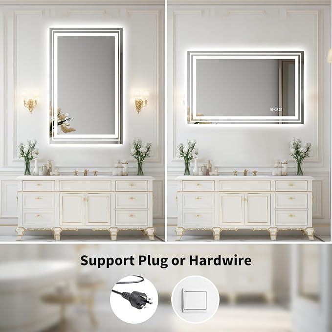 WTTY LED Bathroom Mirror with Backlit and Front Light,40"x24",Stepless Dimmable LED Mirror for Bathroom,Anti-Fog Lighted Bathroom Vanity Mirror Modern for Wall,Memory Function,Shatter-Proof
