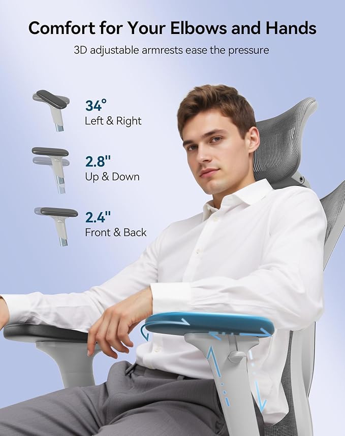 SIHOO M57 Ergonomic Mesh Office Chair, High Back Home Desk Chair with 3D Armrests, Lumbar Support and Adjustable Headrest, Comfortable Computer Chair, Big & Tall Office Chair Hold 330 LBS-Light Grey