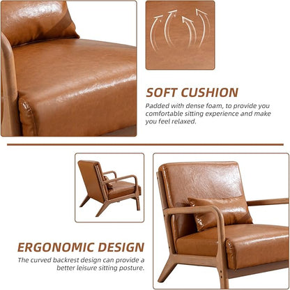 Accent Chair Mid Century Modern Chair PU Leather Living Room Chairs with Solid Wood Frame Comfy Upholstered and Lumbar Pillow Reading Side Chair Easy Assembly for Living Room, PU Brown
