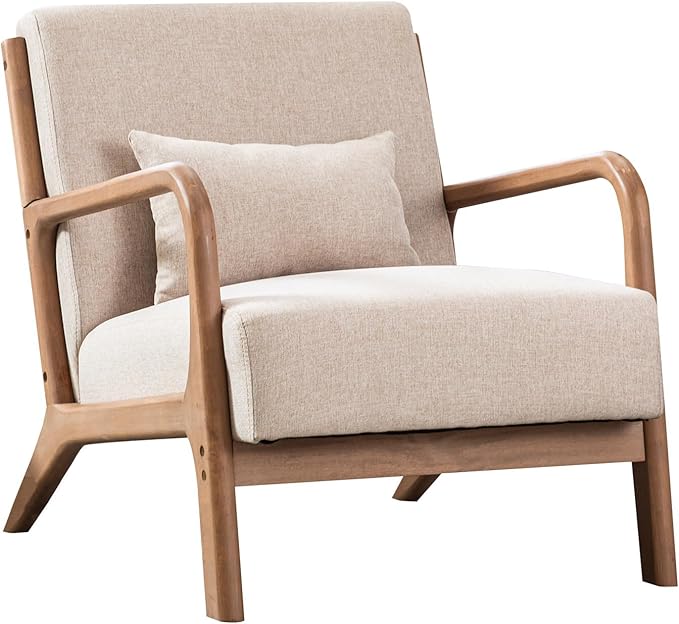 ANJHOME Mid Century Modern Accent Chairs Set of 2, Single Fabric Lounge Reading Armchair with Solid Wood Frame, Easy Assembly Arm Chairs for Living Room Beige 2
