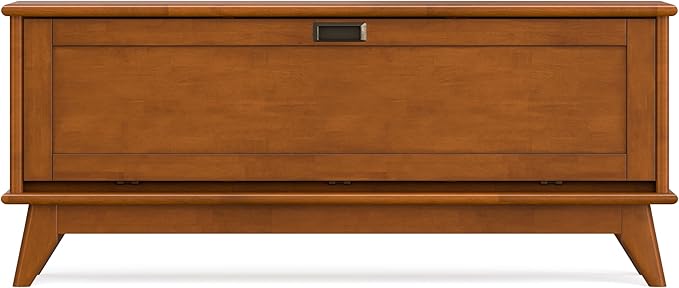 SIMPLIHOME Draper Storage Bench - 44 inch Wide Solid Wood Entryway Bench in Teak Brown, Mid Century Hallway Bench for Living Room with Flip-Down Door and 3 Cubbies