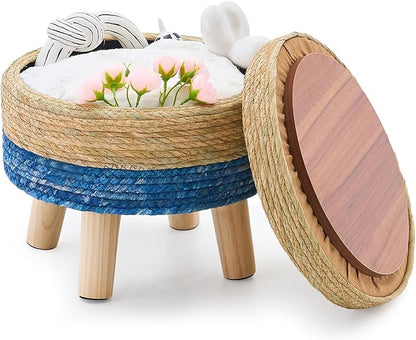 Cpintltr Storage Ottoman Poufs Handwoven Footstool Natural Seagrass Round Footrest Stool with 4 Wood Legs Soft Padded Outdoor Seat for Hallway Lounge Bedroom Garden
