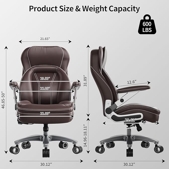 Big and Tall Office Chair, 600lbs Heavy Duty Desk Chair with 5D Arms, Adjustable Lumbar Support & Height, Tilt Function, PU Leather High Back Ergonomic Executive Computer Chair with 3'' Silent Casters