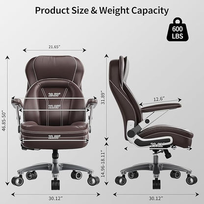 Big and Tall Office Chair, 600lbs Heavy Duty Desk Chair with 5D Arms, Adjustable Lumbar Support & Height, Tilt Function, PU Leather High Back Ergonomic Executive Computer Chair with 3'' Silent Casters