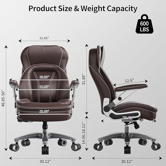 Big and Tall Office Chair, 600lbs Heavy Duty Desk Chair with 5D Arms, Adjustable Lumbar Support & Height, Tilt Function, PU Leather High Back Ergonomic Executive Computer Chair with 3'' Silent Casters