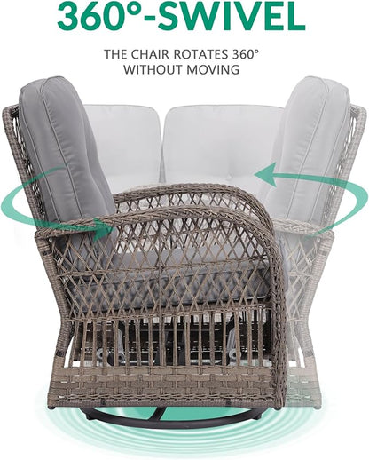 VIVIJASON 7-Piece Outdoor Patio Wicker Conversation Sets, All Weather Outdoor Rattan Furniture Set Includes Glider Loveseat, 2 Rocking Chairs, 2 Swivel-Gliders Chairs, 2 Coffee Table, Grey