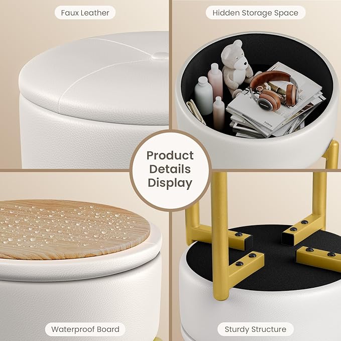 18-Inch Leather Vanity Stool Chair with Storage, Vanity Bench with 4 Golden Metal Legs & Anti-Slip Adjustable Feet,Round Storage Ottoman Stool with Removable Soft Padded Seat, White