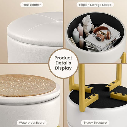 18-Inch Leather Vanity Stool Chair with Storage, Vanity Bench with 4 Golden Metal Legs & Anti-Slip Adjustable Feet,Round Storage Ottoman Stool with Removable Soft Padded Seat, White
