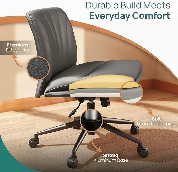 NYPOT Armless Desk Chair with Wheels for Criss Cross Sitting - Cross Legged Wide Armless Chair - Adjustable Vanity 360° Swivel Stool and 120° Rocking Wide Seat Comfy for Home and Office, Color Grey