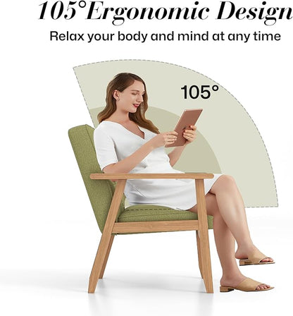 KCC Mid-Century Modern Linen Fabric Accent Chair, Upholstered Tufted Leisure Chair Comfy Reading Side Chair with Armrest and Solid Wood Frame for Living Room Bedroom Balcony(Green)