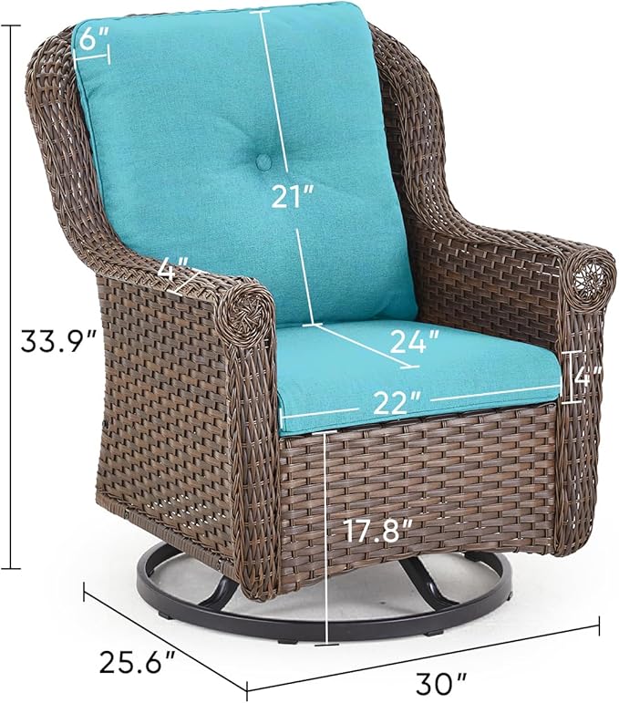 Patio Chairs Outdoor Swivel Glider - Set of 4 High Back Outside Brown Wicker Rattan Rocking Chair with Thick Cushion for Porch Apartment Deck Yard Poolside Garden - Turqoise