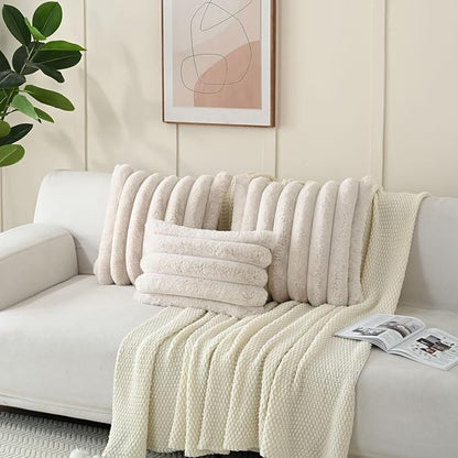 FUTEI Beige Decorative Throw Pillow Covers 26x26 Inch Set of 2, Square Soft Faux Rabbit Fur Thick Striped Euro Pillow Shams,Winter Home Decor for Couch Bed Living Room