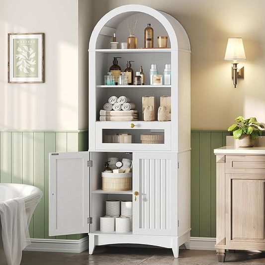 66" Tall Bathroom Storage Cabinet with Flip Drawer, Freestanding Storage Cabinet with Doors & Shelves,Arched Cabinets for Bathroom, Living Room, Kitchen, Laundry, White