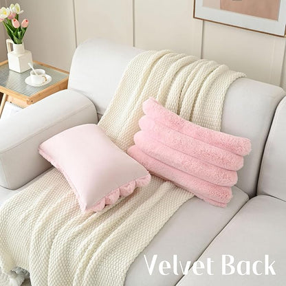FUTEI Pink Decorative Throw Pillow Covers 12x20 Inch Set of 2, Square Soft Faux Rabbit Fur Thick Striped Lumbar Pillow Case,Winter Home Decor for Couch Bed Living Room