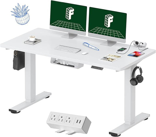 FLEXISPOT EN2 Whole-Piece Standing Desk with Clamp Power Strip, 55 x 28 Electric Stand Up Height Adjustable Desk with Cable Management (White Frame + 55" White Top,2 Packages)