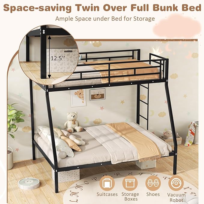 Giantex Metal Bunk Beds Twin Over Full Size, Heavy Duty Loft Bunk Bed with Ladder & Guardrail, Space Saving Bunk Bed for Dorm Apartment, Teens & Adults, Noise-Free, No Box Spring Needed, Black