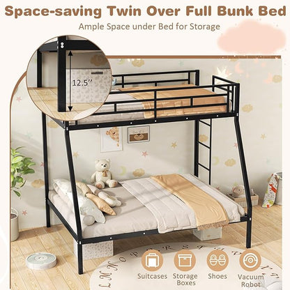 Giantex Metal Bunk Beds Twin Over Full Size, Heavy Duty Loft Bunk Bed with Ladder & Guardrail, Space Saving Bunk Bed for Dorm Apartment, Teens & Adults, Noise-Free, No Box Spring Needed, Black