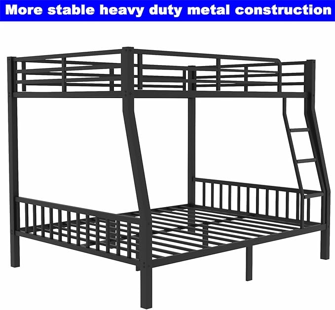Upgraded Version Thicken Metal Full XL Over Queen Bunk Bed, Stronger Heavy Duty Steel Bunk Bed Full Over Queen Size, Best Bunkbed Frame for Adults, Easy Assembly, Black (Full XL Over Queen)