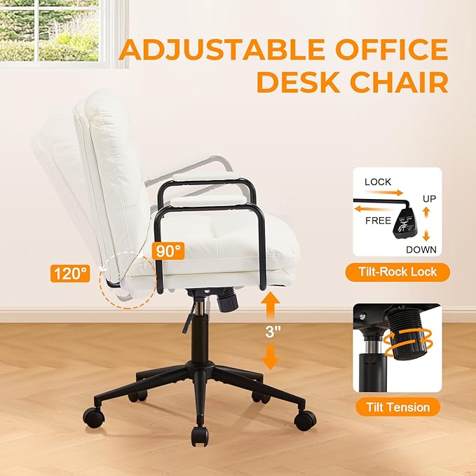 Furniliving Leather Home Desk Chair, Comfortable Executive Office Chair with Wheels, Ergonomic Computer Task Chair Adjustable Height, White