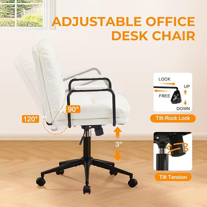 Furniliving Leather Home Desk Chair, Comfortable Executive Office Chair with Wheels, Ergonomic Computer Task Chair Adjustable Height, White