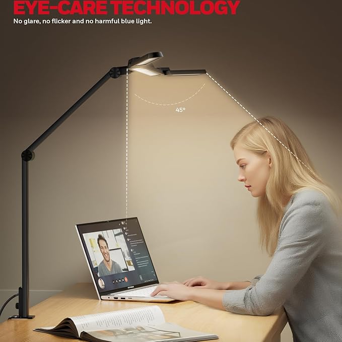 Honeywell HJ3 Wide LED Desk Lamp with Clamp, 22W Full-Spectrum Eye-Caring Light Bar, 4 Modes, Stepless Dimming, Adjustable Arm for Home Office, Large Desks & Dual Monitors