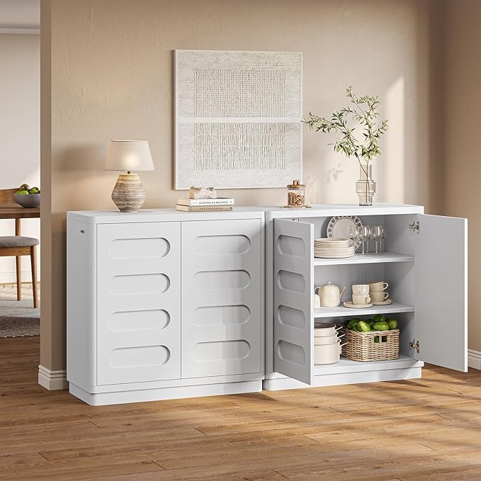 Buffet Cabinet Set of 2 with Storage, Arc Accent Sideboard with 2 Doors and Adjustable Shelves, Large Console Table for Dining Room, Kitchen, Living Room, White