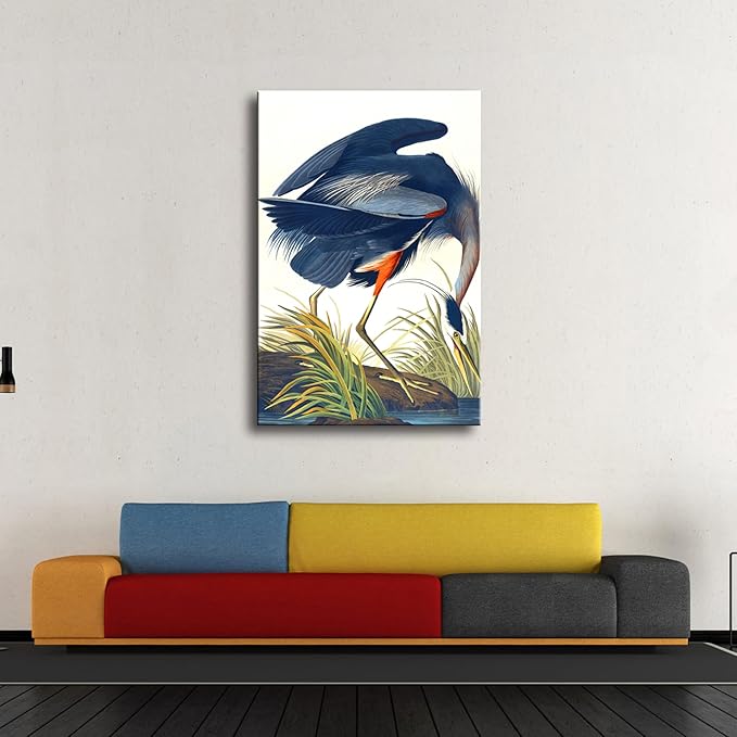 Wieco Art Canvas Print Wall Art Great Blue Heron by John James Audubon Vintage Poster Birds of America Antique Bird Illustration Wall Art for Living Room Home Kitchen Decorations