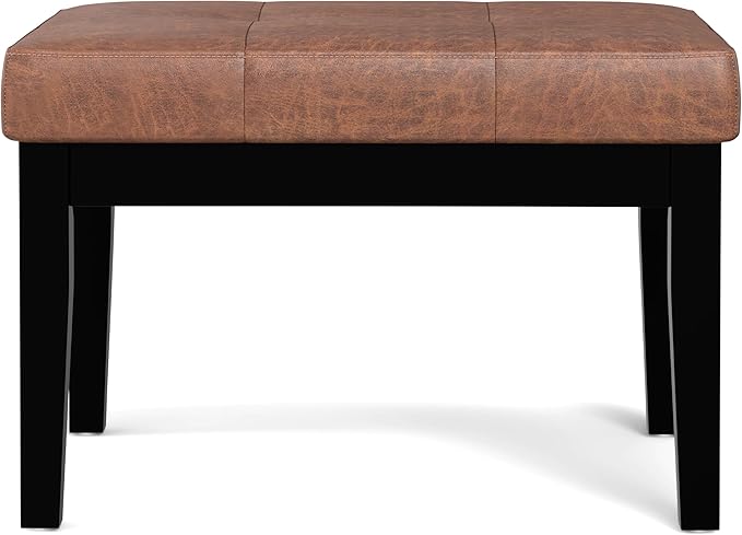 SIMPLIHOME Lacey 26 inch Wide Contemporary Rectangle Small Tufted Ottoman Bench in Distressed Saddle Brown Vegan Faux Leather, Assembled, for The Living Room and Bedroom