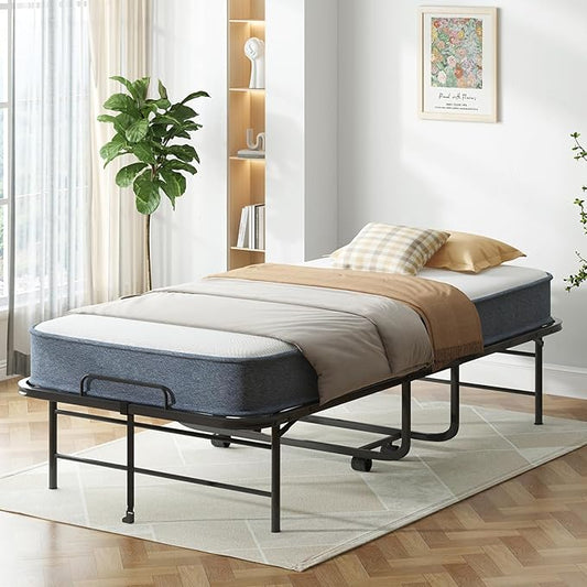 Mjkone Folding Bed with Mattress, 5 Inch Rollaway Bed for Adults, Fold Up Beds with Lockable Wheels, Sturdy Metal Fold Away Frame for Bedroom/Guest, Space Saving（75" x 38"）