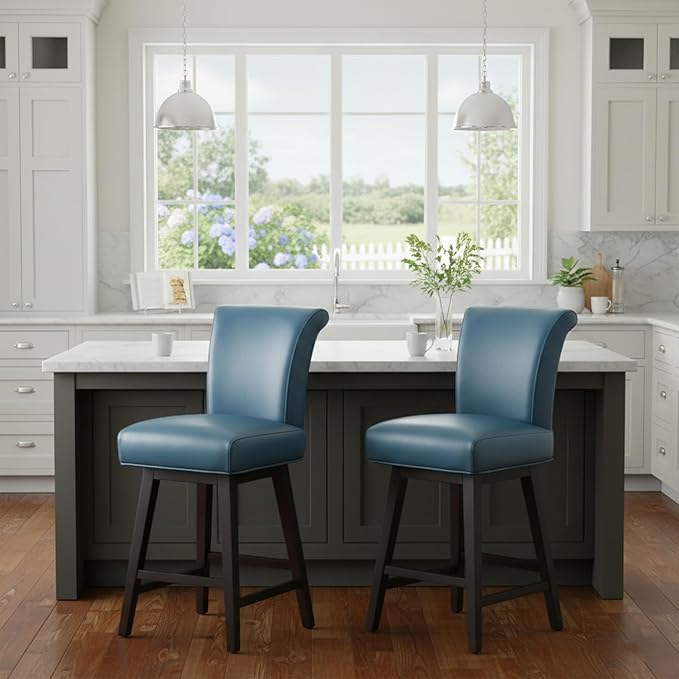 CHITA 26 Inch Counter Height Swivel Bar Stools Set of 2, FSC Certified Modern Upholstered Faux Leather Swivel Barstool Chair with Back, Blue