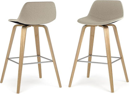 SIMPLIHOME Randolph Counter Stools (Set of 2) - 28 Inch Seat Height Upholstered Bentwood Kitchen Seats in Natural Polyester Linen Fabric, Mid Century Modern Seating with Curved Backrest and Footrest