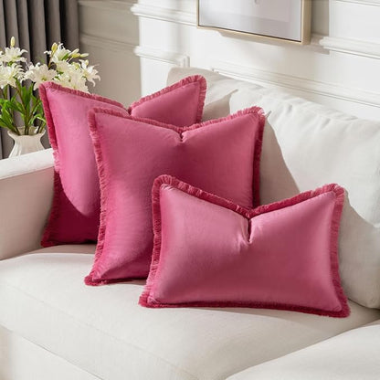 FUTEI Hot Pink Velvet Decorative Throw Pillow Covers 18x18 Set of 2,Soft Cozy Edge with Tassels Cushion Case,Boho Modern Home Decor for Couch Bed Living Room