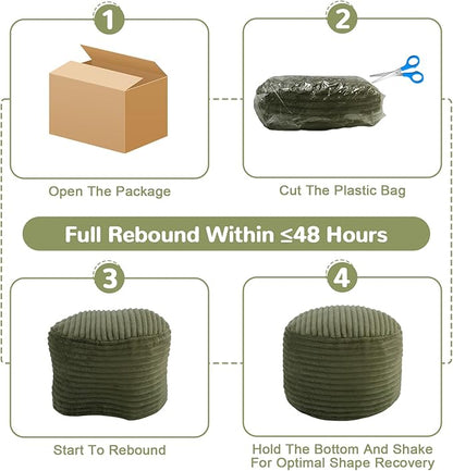 MeMoreCool Stuffed Round Pouf Ottoman Foot Rest, Soft Plush Floor Pouf Foot Stool, Corduray Footstool Footrest, Small Round Ottoman for Living Room Couch Sofa Chair, 20x15 Inch Green