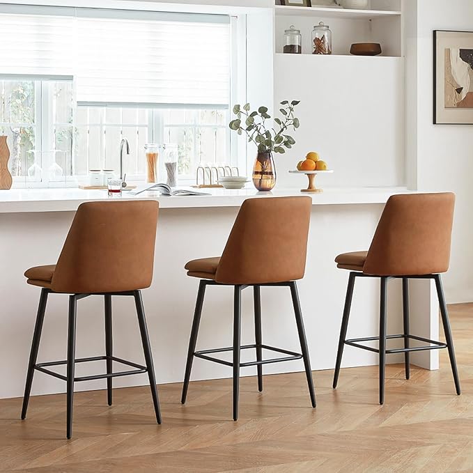 Brown Counter Height Bar Stools Set of 3, 26 Inch Seat Height with Back and Metal Legs, 360° Swivel Upholstered Faux Leather Swivel Bar Stools
