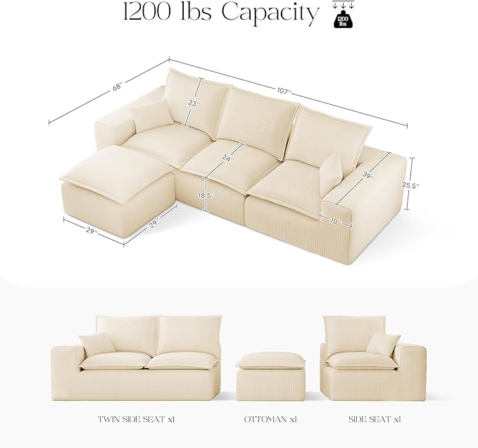 107" Comfy Cloud Couch with L-Shape Chaise & Deep Seat, Modular Sectional Sofa in a Box, Boneless Upholstered Couches for Living Room, No Assembly Required (Soft Corduroy, Beige)