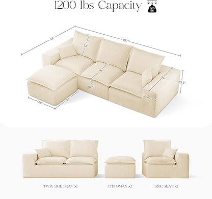 107" Comfy Cloud Couch with L-Shape Chaise & Deep Seat, Modular Sectional Sofa in a Box, Boneless Upholstered Couches for Living Room, No Assembly Required (Soft Corduroy, Beige)