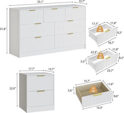 3-Piece Modern Bedroom Furniture Set, Wide 7-Drawer Dresser & 2-Drawer Nightstands Set of 2, Natural Wood Dresser and Nightstand Sets for Bedroom, Hallway, White
