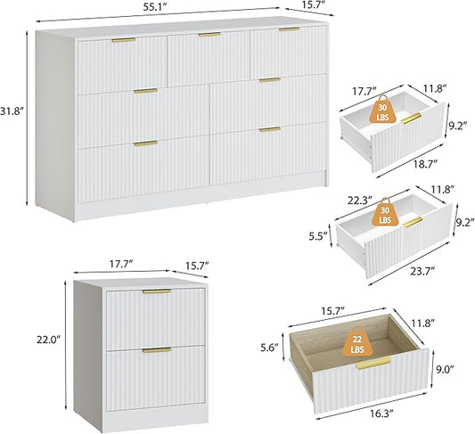 3-Piece Modern Bedroom Furniture Set, Wide 7-Drawer Dresser & 2-Drawer Nightstands Set of 2, Natural Wood Dresser and Nightstand Sets for Bedroom, Hallway, White