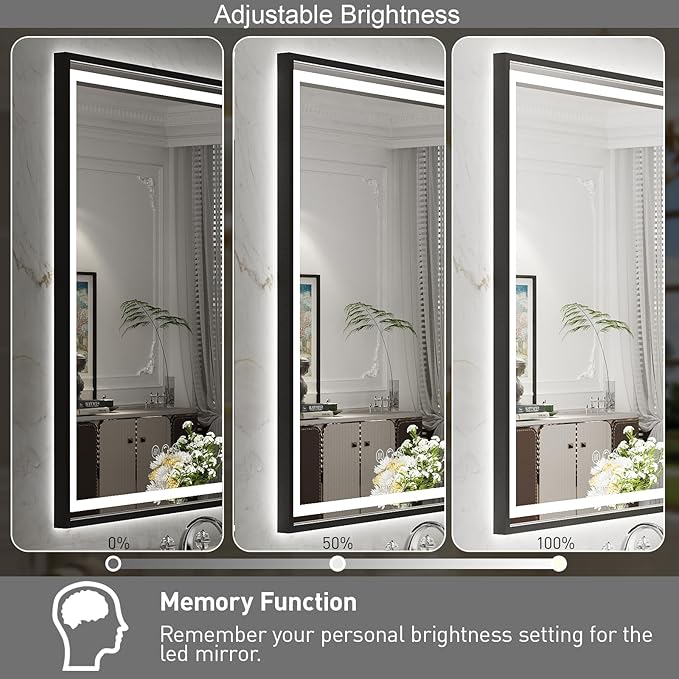 LED Bathroom Mirror, 20x28 Inch Frontlit & Backlit Black Framed Lighted Mirror,Wall Mouted Vanity with Lights,Double Lights Strips,Anti Fog Stepless 3 Colors Temperature & Dimmable