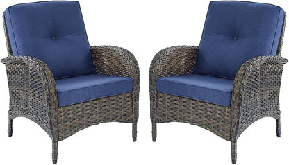 HUMMUH Outdoor Wicker Chairs Patio Dining Chairs Set of 2 with High Back and Deep Seat for Garden,Porch,Backyard,Balcony (Brown/Blue)