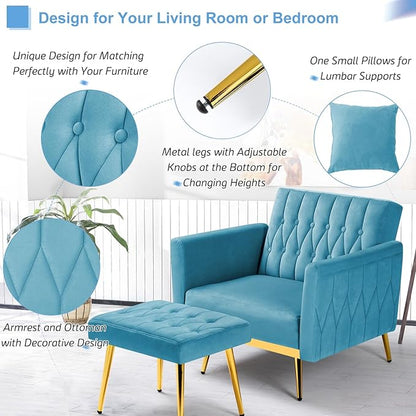 Velvet Accent Chair with Adjustable Armrests and Backrest, Button Tufted Lounge Chair, Single Recliner Armchair with Ottoman and Pillow for Living Room, Bedroom, Baby Blue