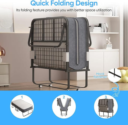 Mjkone Folding Bed with Mattress for Adults, Rollaway Bed with Mattress, Space Saving Fold Up Bed with Lockable Wheel, Sturdy Foldable Frame and Memory Foam for Bedroom/Guest (75" x 38")