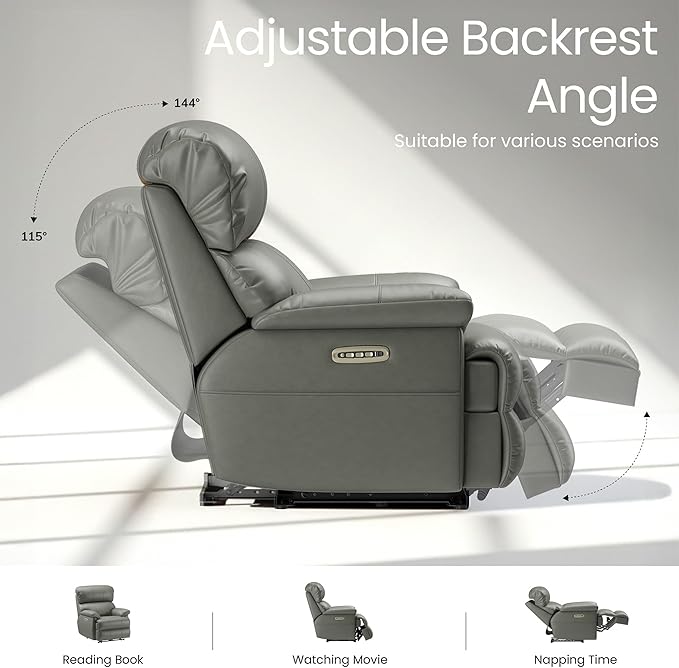 COLAMY Triple Motors Power Recliner Chair with Power Headrest & Lumbar Support Independent Adjustment for Living Room, Leather Electric Recliner Sofa Chair, Gray