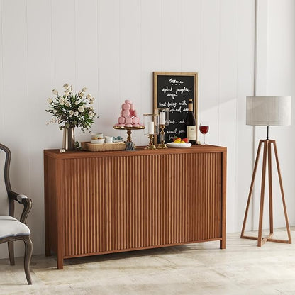 YOUDENOVA Fluted Buffet Cabinet with Storage, Modern Sideboard Cabinets with 4 Doors & Adjustable Shelves, Accent 56” Credenza Storage Cabinet, Wood Entryway Cabinet for Living Room Hallway, Brown