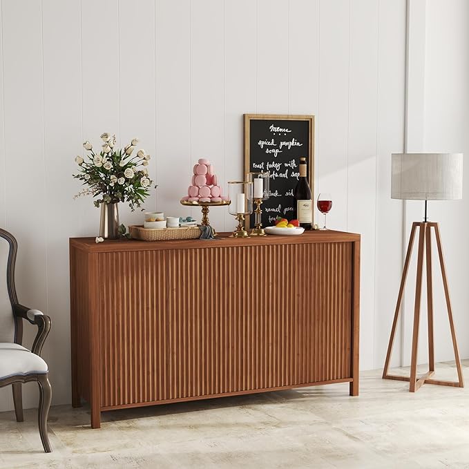 YOUDENOVA Fluted Buffet Cabinet with Storage Set of 2, Modern Sideboard Cabinets with 4 Doors & Adjustable Shelves, Accent Credenza Storage Cabinet, Wood Entryway Cabinet for Living Room, Brown